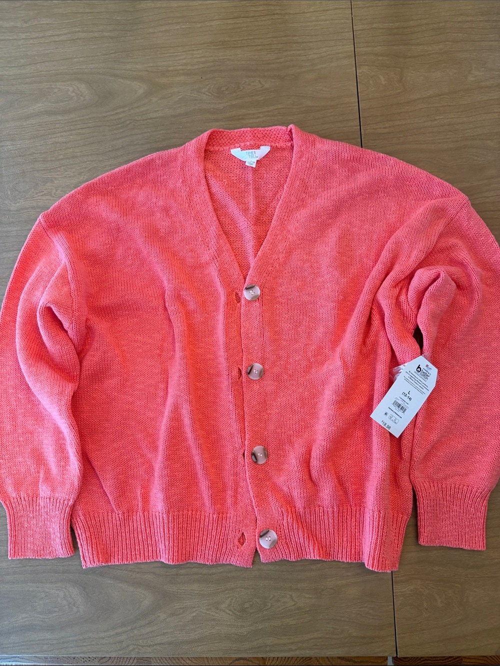 Time and Tru Coral Button-Front V-Neck Cardigan